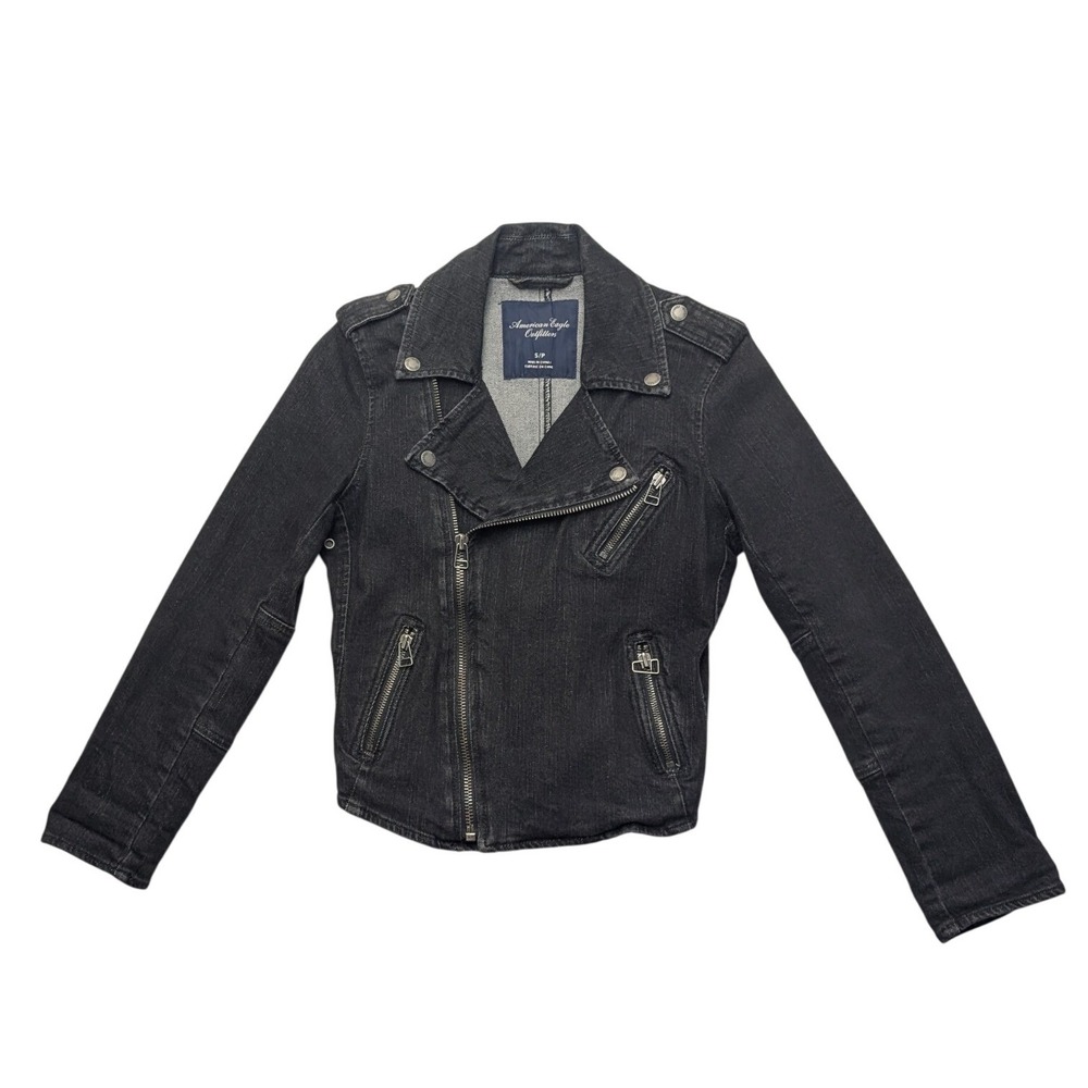 American Eagle Denim Moto Jacket Womens Small Black Asymmetric Zip Biker Coat
